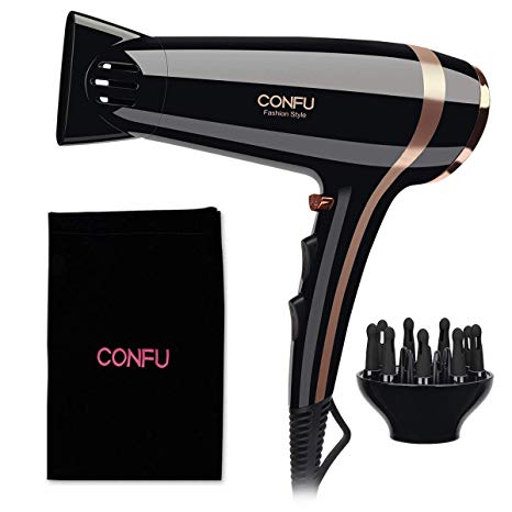 2200W Hair Dryer With Diffuser, CONFU Powerful Hairdryer Fast Drying Blow Dryer 2 Speed And 3 Heat Cold Shot Button Velvet Bag Long Cable For Home