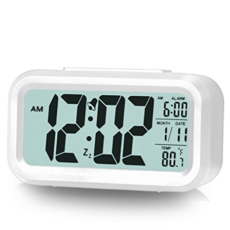 Lazaga Alarm Clock, Large LCD Display Digital Alarm Easy to Set and Watch,Low Light Sensor Technology Soft Night Light Repeating Snooze Month Date & Temperature Display,White