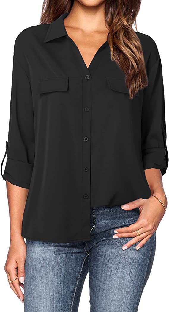 Lotusmile Women's Dressy Lapel Button Down Shirts for Work Office Business Casual Chiffon Blouse Tops