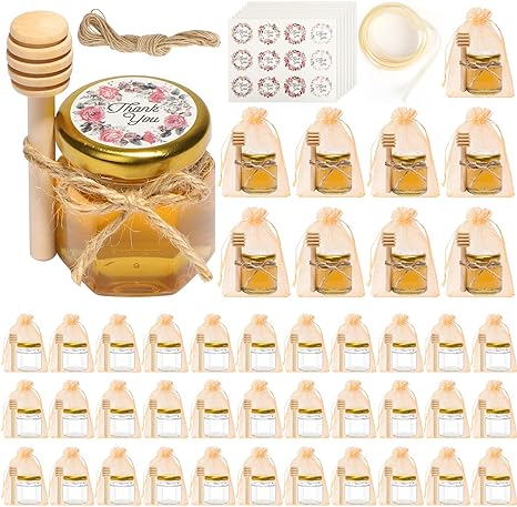 ComSaf Mini Honey Jars with Dipper 1.5oz - 40 Pack, Small Honey Glass Jar with Gold Lid, Tiny Hexagon Honey Jar in Bulk for Baby Shower, Wedding and Party Favors