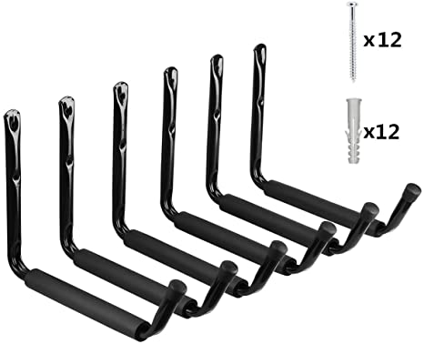 Heavy Duty 10 Inches Jumbo Arm Indoor Outdoor Storage Wall Hanging Hooks, Garage and Garden Steel Organizer Rack (Black, 6 Pack with Protector)