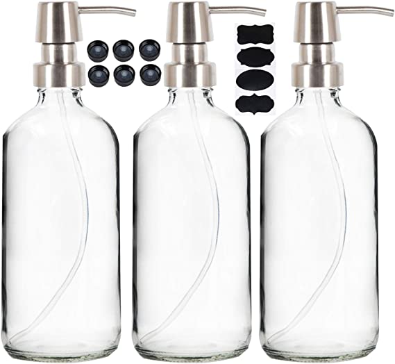 Youngever 3 Pack 16 Ounce Clear Glass Boston Round Bottles with Stainless Steel Pumps, Glass Soap Dispensers with Extra Labels and Lids, Great for Essential Oils, Lotions, Liquid Soaps