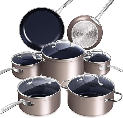 Nuwave Healthy Duralon Blue Ceramic Nonstick Coated Cookware Set, Diamond Infused Scratch-Resistant, PTFE & PFOA Free, Oven Safe, Induction Ready & Evenly Heats, Tempered Glass Lids & Stay-Cool Handle