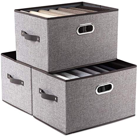 Prandom Large Foldable Storage Bins for Shelves [3-Pack] Decorative Linen Fabric Storage Baskets with Leather/Metal Handles for Closet Organizing Nursery Office Grey (17.3x11.8x10.4 Inch)