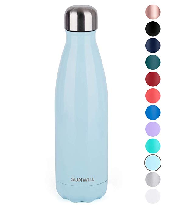 SUNWILL Insulated Stainless Steel Water Bottle Pearl Blue, Vacuum Double Wall Sports Water Bottle 17oz, Cola Shape Travel Thermal Flask