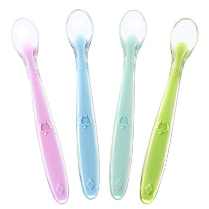 Best First Stage Baby Boys Spoons BPA Free, 4-Pack, Soft Silicone Baby Spoons Training Spoon Gift Set for Infant (Boys Set)