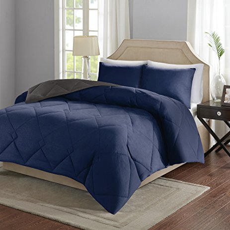 Comfort Spaces – Vixie Reversible Down Alternative Comforter Mini Set - 3 Piece – Navy and Charcoal – Stitched Geometrical Diamond Pattern – Full/Queen size, includes 1 Comforter, 2 Shams