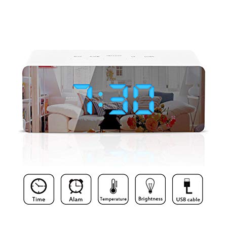 TWFRIC Bedside Alarm Clock, Digital Alarm Clocks Digital Clock with Temperature/Snooze/Adjustable Brightness/ 12/24H Mode/USB Cable LED Mirror Clock for Bedroom/Office/Kitchen