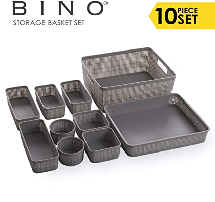 BINO 10-Piece Woven Plastic Storage Basket Set, Light Grey