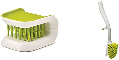 Joseph Joseph BladeBrush Knife and Cutlery Cleaner Brush Bristle Scrub Kitchen Washing Non-Slip, One Size, Green & 85025 Edge Dish Brush with Integrated Sink Rest, Green