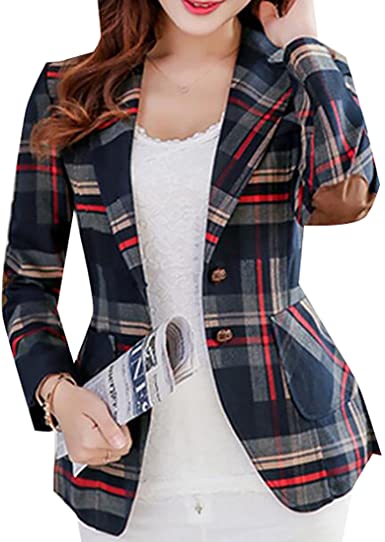 Fubotevic Women's Blazer Plaid Blazers for Women Work Office Casual Long Sleeve Lapel Button Pocket Jacket Suit Business Red XL