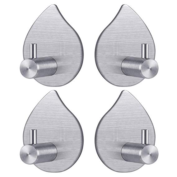 TBMax Towel Hook Adhesive Hooks - 4 Pack Teardrop Shape Wall Hooks - Stainless Steel and Heavy Duty 3M Wall Hooks for Hanging Robe Coat Towel