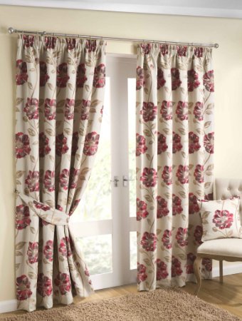 Luxury Downton Floral Jacquard Pencil Pleat Readymade Lined Curtains, Natural / Red - 66" x 72"