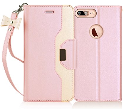 iPhone 8 Plus Case, iPhone 7 Plus Case, FYY [RFID Blocking wallet] [Makeup Mirror] Premium PU Leather Apple iPhone 8 Plus/iPhone 7 Plus Wallet Case with Cosmetic Mirror and Bow-knot Strap Rose Gold