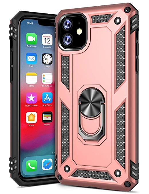 GREATRULY Ring Kickstand Phone Case for iPhone 11 6.1 Inch (2019),Heavy Duty Dual Layer Drop Protection iPhone 11 Case,Hard Shell   Soft TPU   Ring Stand Fits Magnetic Car Mount,Rose Gold