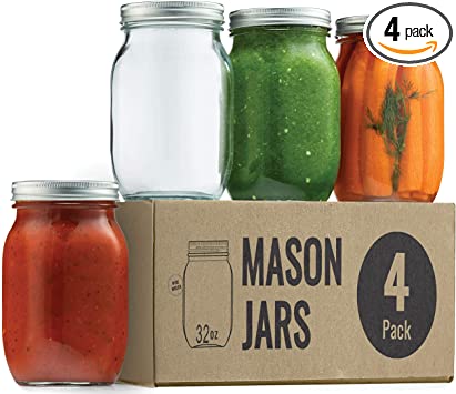 Wide-Mouth Glass Mason Jars, 32-Ounce (4-Pack) Glass Canning Jars with Silver Metal Airtight Lids and Bands with Chalkboard Labels, for Canning, Preserving, Meal Prep, Overnight Oats, Jam, Jelly,