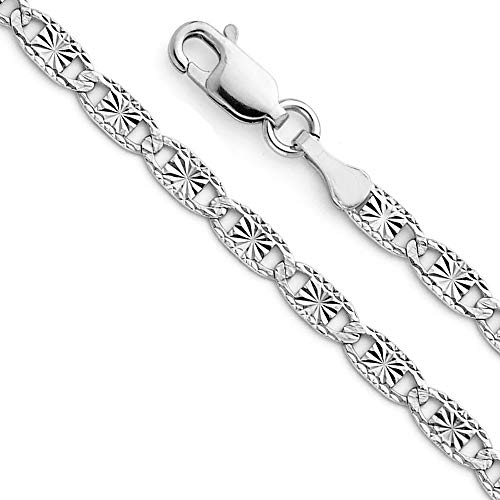 14k White Gold Solid 3mm Valentino Star/Edge Diamond Cut Chain Bracelet with Lobster Claw Clasp - 7.5"