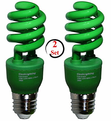 SleekLighting 13 Watt Green Spiral CFL Light Bulb 120Volt, E26 Medium Base. (Pack of 2)