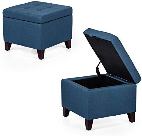 Adeco Square Fabric Storage Ottoman with Tufted Flip Top, 18x18x15, Deep Blue