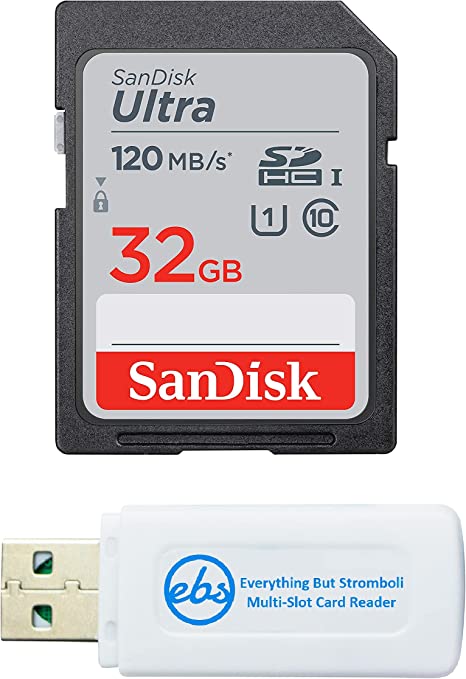 SanDisk 32GB SDHC SD Ultra Memory Card Works with Nikon D3500, D7500, D5600, D5200 Digital Camera Class 10 (SDSDUN4-032G-GN6IN) Bundle with (1) Everything But Stromboli Combo Card Reader