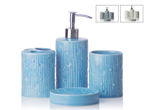 Comfify 4-Piece Ceramic Bath Accessory Set Bundle with Soap Dispenser, Toothbrush Holder, Tumbler and Soap Dish - Aqua Blue