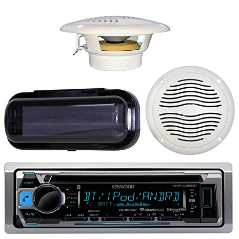 Kenwood KMR-D365BT In-Dash Marine Audio Bluetooth Receiver Bundle Combo With 2 Magnadyne AquaVibe WR65W 6.5" Marine Hot Tub Outdoor Waterproof Speaker   Waterproof Receiver Shield Cover