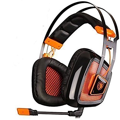 SADES A8 Over Ear PC USB 7.1 Surround Sound Gaming Headset Headband Headphones with Microphone, Vibration Noise Reduction LED Light (Black Orange)