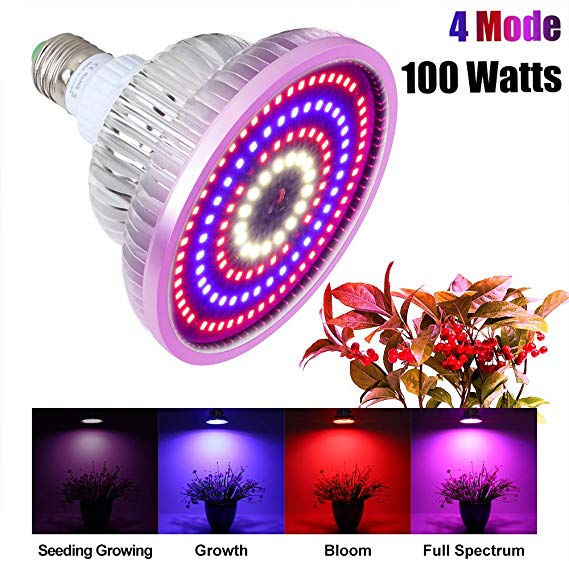 100W LED Grow Light Bulb 4 Mode Plant Light Bulb Full Spectrum Grow Light for Indoor Plant E26/E27 Growth Lamp for Vegetable Greenhouse Hydroponic Grow Tent
