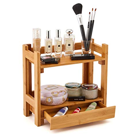 EZOWare Cosmetic Organizer, 2-Tier Multifunction Bamboo Make Up Skin Care Storage Organizer Rack Holder for Kitchen Countertop Bathroom, Bedroom