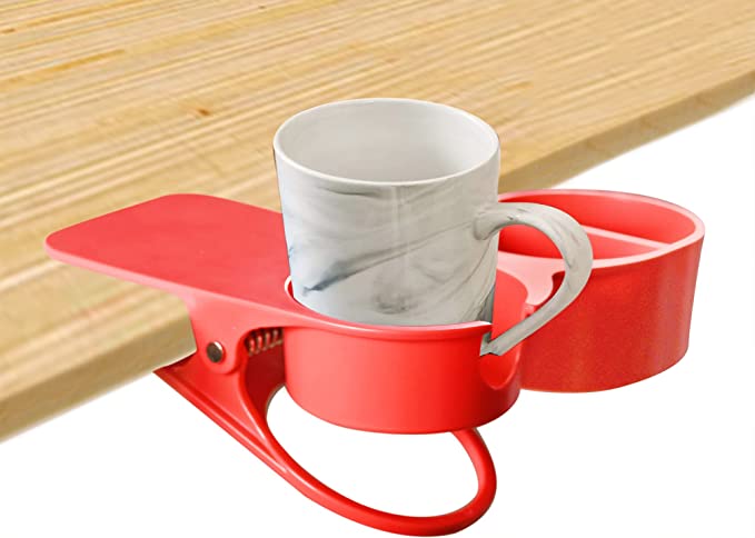 HOME-X Clip-On Cup Holder for Desk, Clamp-On Cup Holder for Home, Portable Cup Holder, Convenient Attachable Holder for Tables, 8" L x 7" W x 2" H, Red