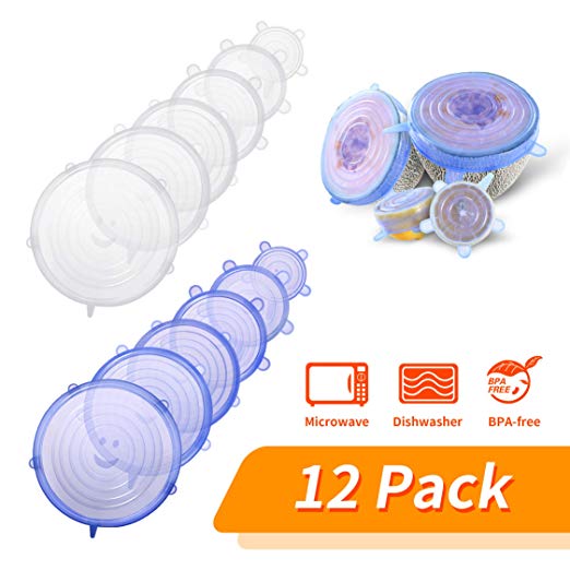 Silicone Stretch Lids 12 Pack, Reusable Durable and Expandable Food Covers Fits Various Sizes and Shape of Containers, Superior for Keeping Food Fresh, Microwave, Dishwasher -TESUE