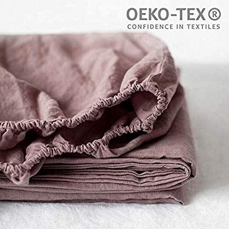 Simple&Opulence 100% Linen Fitted Sheet with 14 Inch Deep Pocket Stone Washed Purple, Queen