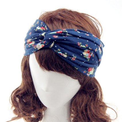 Women Headband Flower Printed Spring Twist Hair Band Turban (Dark Blue)