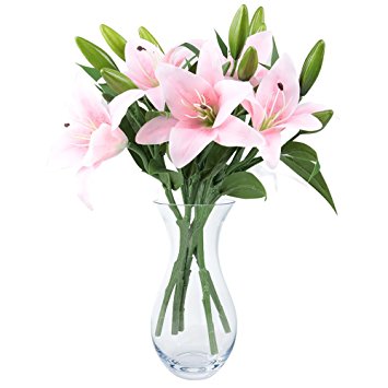 Pink Lily Bush Artificial Flower, NNIUK Lily Real Touch Perfume Lily Flower Bouquet Wedding/Graves/Vases(5Pcs)
