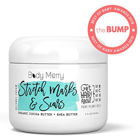 Body Merry Stretch Marks & Scars Defense Cream- Daily Moisturizer w Organic Cocoa Butter   Shea   Plant Oils   Vitamins to Prevent, Reduce and Fade Away Old or New Scars - Best for Pregnancy, Men/Bodybuilders