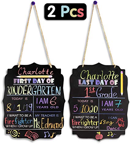 First and Last Day of School Chalkboard Sign - Personalized 1st Day Back to School Sign Photo Prop Board with String - Reusable and Erasable (13" x 10" Large, 2 Pcs)