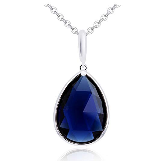 Teardrop Pendant Necklace with Blue Simulated Sapphire Zirconia Crystals 18 ct White Gold Plated for Women 18"