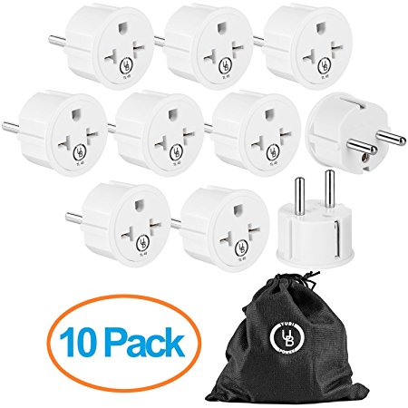 European German Schuko Power Plug Adapter by Yubi Power - 10 Pack - Shucko Type E / F for France, Germany, Spain, Sweden, Turkey, Ukraine and More!
