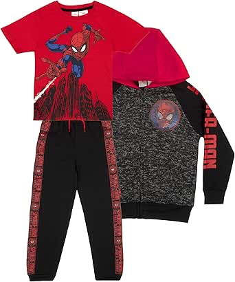 Marvel Spiderman Boys 3 Piece Fleece Pants Set, Spider-Man Zip-Up Hoodie, T-Shirt, and Pants 3-Pack Bundle Set