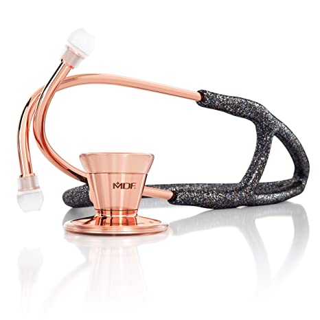 MDF Glitter Rosegold ProCardial Cardiology Stethoscope, Stainless Steel, Adult, Dual Head, Free-Parts-for-Life, White Tube, Rosegold Chestpiece-Headset, MDF797GLRG