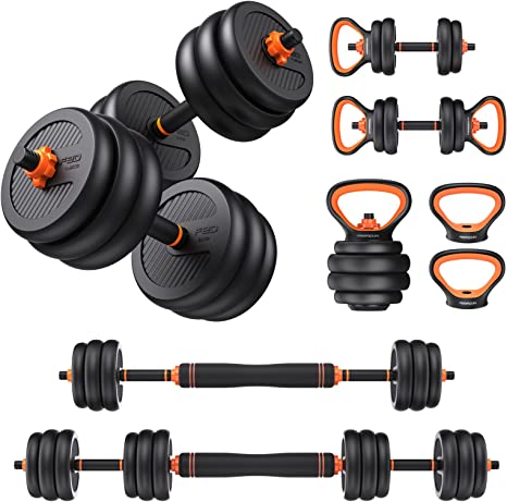 FEIERDUN Adjustable Dumbbells, 44lbs Free Weight Set with Connector, 4 in1 Dumbbells Set Used as Barbell, Kettlebells, Push up Stand, Fitness Exercises for Home Gym Suitable Men/Women