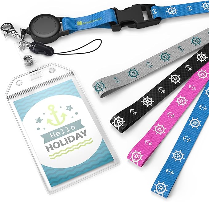 GreatShield Cruise Ship Lanyard Universal Badge Card ID Holder [Pack of 4] Weather Resistant PVC Zip Seal Pouch with Retractable Reel & Detachable Release Snap [Gray/Blue/Black/Pink]