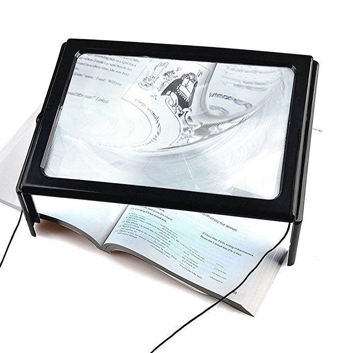 Aenmil® Lightweight A4 Full Page Hands Free Desk Type 3x Magnifying Glass Lens 4 LED Light Illuminated Magnifier with Foldable Legs and Neck Cord for Reading, Powered by 2 x AAA Battery