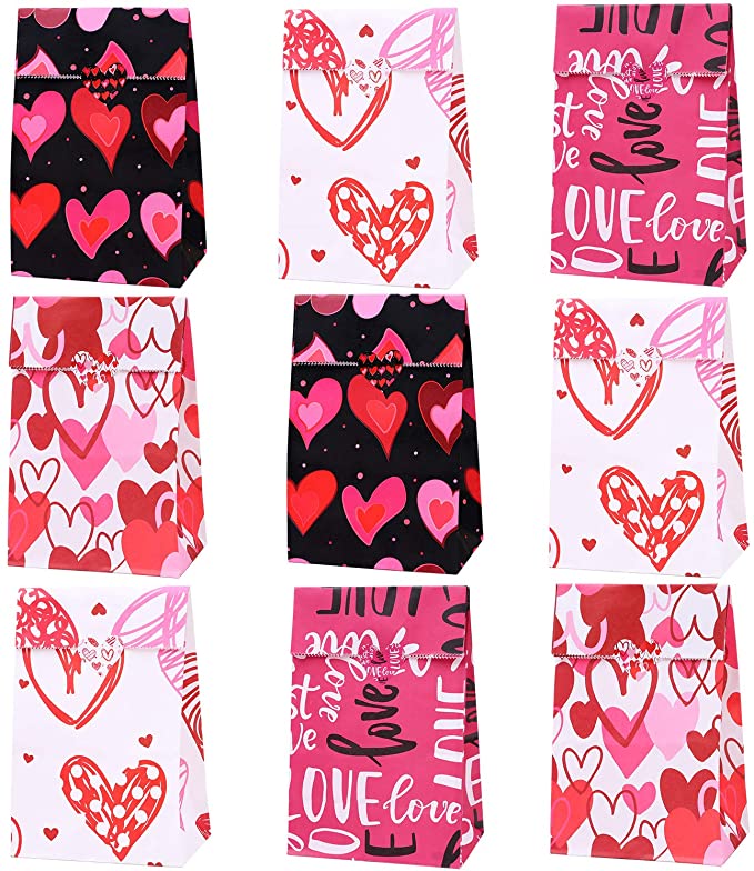 Cooraby 48 Pieces Valentine's Day Paper Bags Kraft Party Hearts Gift Bags Craft Paper Bags with 60 Pieces Label Stickers for Party Supplies