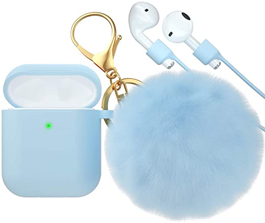 MARGE PLUS for Airpod Case, Soft Silicone Cute Airpods Case Cover with Pompom Keychain/Strap/Earbud Accessories (Front LED Visible), Baby Blue