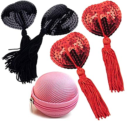 Reusable Silicone Sequin Adhesive Nipple Cover Pasties Bra with Tassel Heart Pasties Adhesive Nipple Cover (2 Pairs-Black Red)
