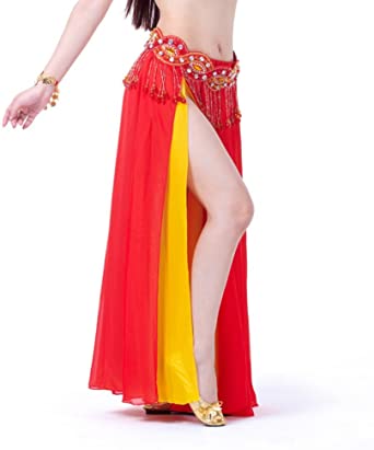 ESHOO Women Belly Dance Petticoat Costume Chiffon Skirt Mixed Color Double Split