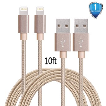 G-POW Nylon Braided USB Lightning Cable 10 Feet for iPhone 6s, 6s plus, 6plus, 6,5s 5c 5, iPad Mini, Air, iPad5, iPod - Golden (2 Pack)