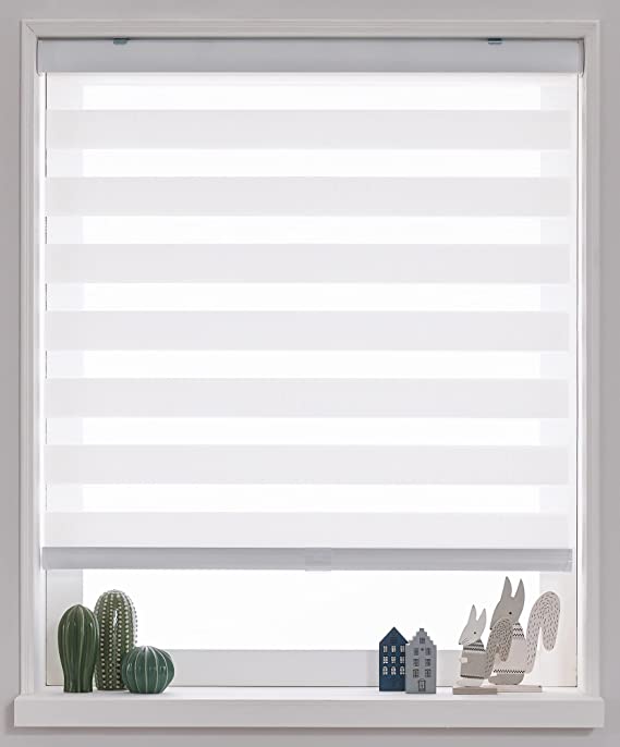 Cordless Custom Zebra Roller Shades and Blinds [Cordless Basic, White, W 24 x H 48 inch] Dual Layer Sheer or Privacy Light Control, Day and Night Window Drapes, 24 to 70 inch Wide