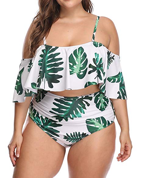 Wavely Woman Two Piece Plus Size Flounce Off Shoulder Tropical Print Bikini Top with High Waist Swimsuit Bottom